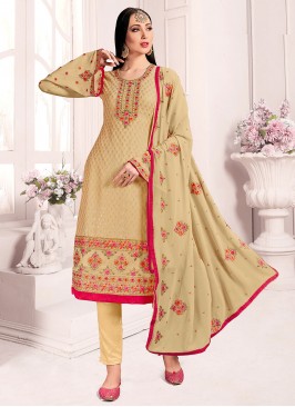 Embroidered Faux Georgette Pant Style Suit in Beige