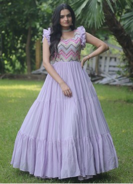 Embroidered Faux Georgette Readymade Gown in Lavender
