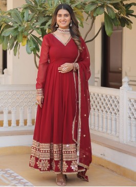 Embroidered Faux Georgette Readymade Gown in Maroon
