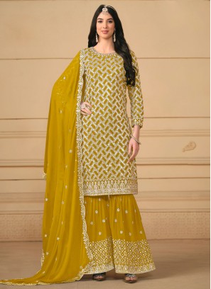 Embroidered Faux Georgette Salwar Suit in Mustard
