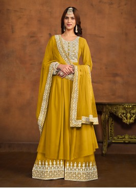 Embroidered Faux Georgette Trendy Salwar Kameez in Mustard