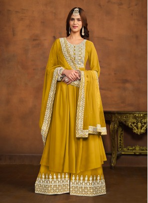 Embroidered Faux Georgette Trendy Salwar Kameez in Mustard