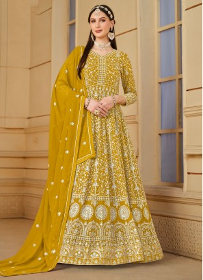 Embroidered Faux Georgette Trendy Salwar Suit in Mustard