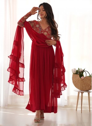 Embroidered Georgette Anarkali Suit in Red