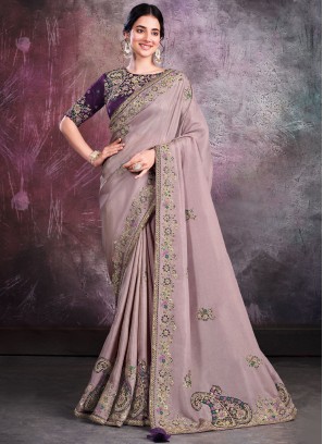 Embroidered Georgette Classic Saree in Mauve 