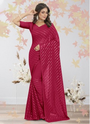 Embroidered Georgette Classic Saree in Rani