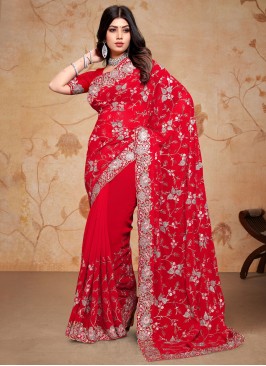 Embroidered Georgette Classic Saree in Red