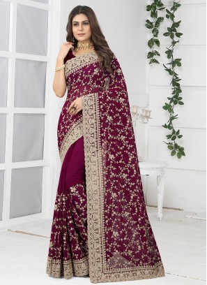 Embroidered Georgette Classic Saree in Wine