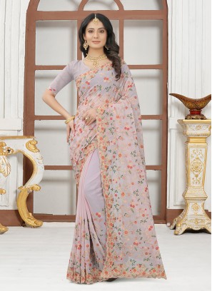 Embroidered Georgette Contemporary Saree in Lavender