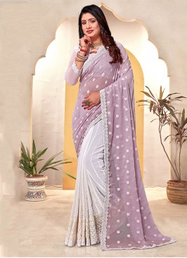 Embroidered Georgette Contemporary Saree in Lavender and White