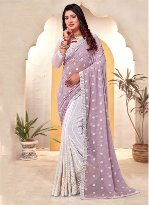 Embroidered Georgette Contemporary Saree in Lavender and White