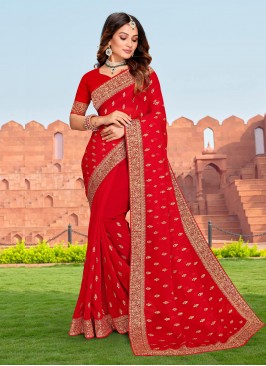 Embroidered Georgette Contemporary Saree in Red
