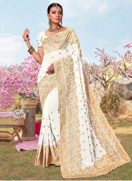 Embroidered Georgette Contemporary Saree in White