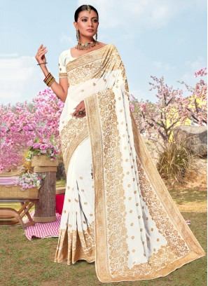 Embroidered Georgette Contemporary Saree in White