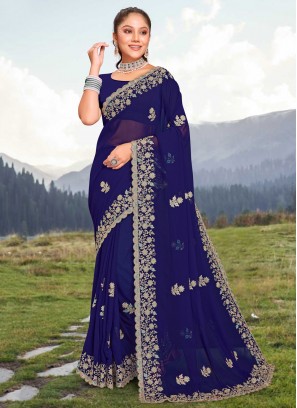 Embroidered Georgette Designer Saree in Navy Blue