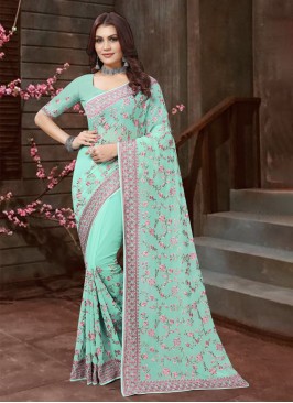 Embroidered Georgette Designer Saree in Sea Green