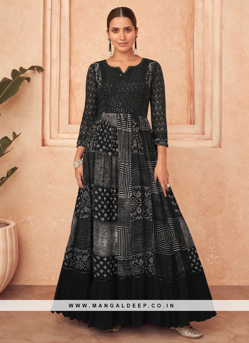 Embroidered Georgette Gown  in Black