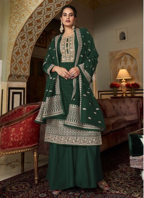 Embroidered Georgette Palazzo Salwar Kameez in Green