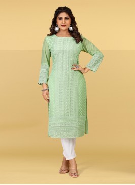 Embroidered Georgette Party Wear Kurti in Green