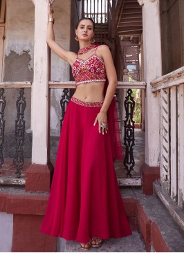 Embroidered Georgette Readymade Lehenga Choli in Rani