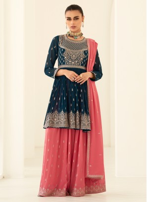 Embroidered Georgette Readymade Salwar Kameez in Navy Blue
