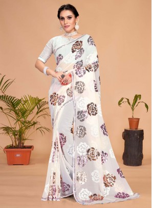 Embroidered Georgette Saree in White