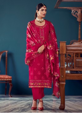 Embroidered Georgette Straight Salwar Kameez in Rani