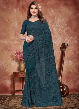 Embroidered Georgette Traditional Saree in Teal