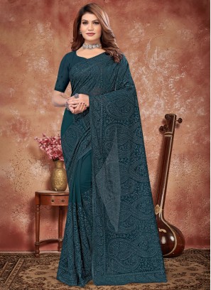 Embroidered Georgette Traditional Saree in Teal