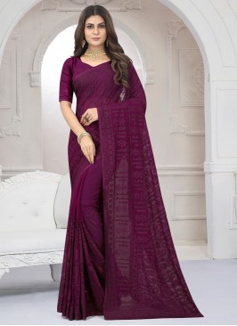 Embroidered Georgette Traditional Saree in Wine