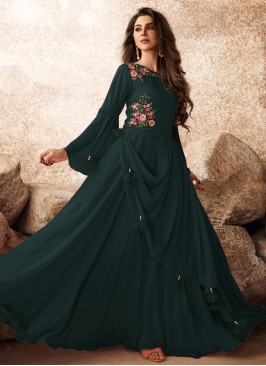 Embroidered Georgette Trendy Gown in Teal