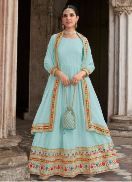 Embroidered Georgette Trendy Salwar Kameez in Aqua Blue