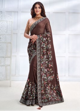 Embroidered Georgette Trendy Saree in Brown