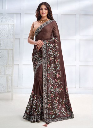 Embroidered Georgette Trendy Saree in Brown