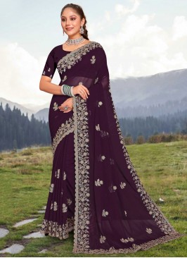 Embroidered Georgette Trendy Saree in Purple