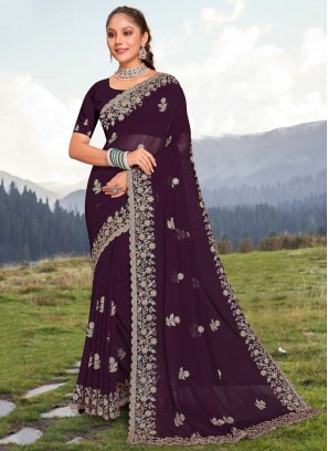 Embroidered Georgette Trendy Saree in Purple