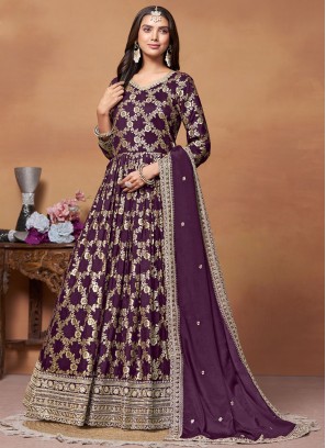 Embroidered Jacquard Trendy Salwar Kameez in Purple