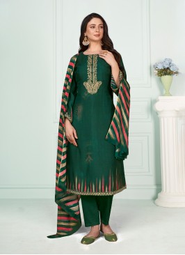 Embroidered Muslin Trendy Suit in Green