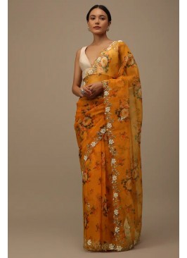 Embroidered Mustard Soft Organza Designer Saree Set.