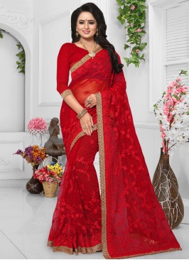 Embroidered Net Classic Saree in Red