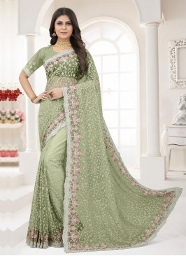 Embroidered Net Contemporary Saree in Green