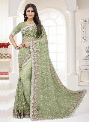 Embroidered Net Contemporary Saree in Green