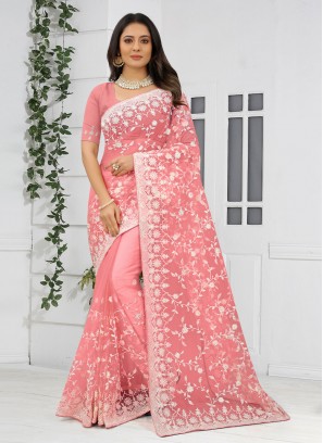 Embroidered Net Contemporary Saree in Peach
