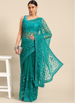 Embroidered Net Contemporary Saree in Turquoise