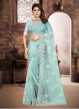 Embroidered Net Contemporary Style Saree in Aqua Blue