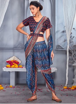 Embroidered Net Contemporary Style Saree in Navy Blue
