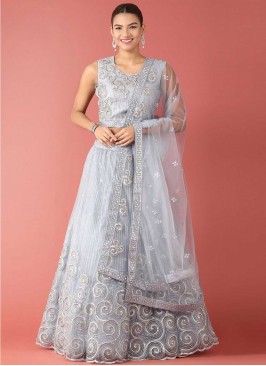 Embroidered Net Designer Lehenga Choli in Grey