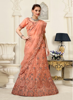 Embroidered Net Designer Lehenga Choli in Peach