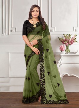 Embroidered Net Designer Saree in Green