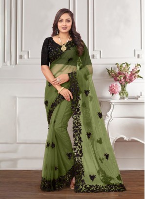 Embroidered Net Designer Saree in Green